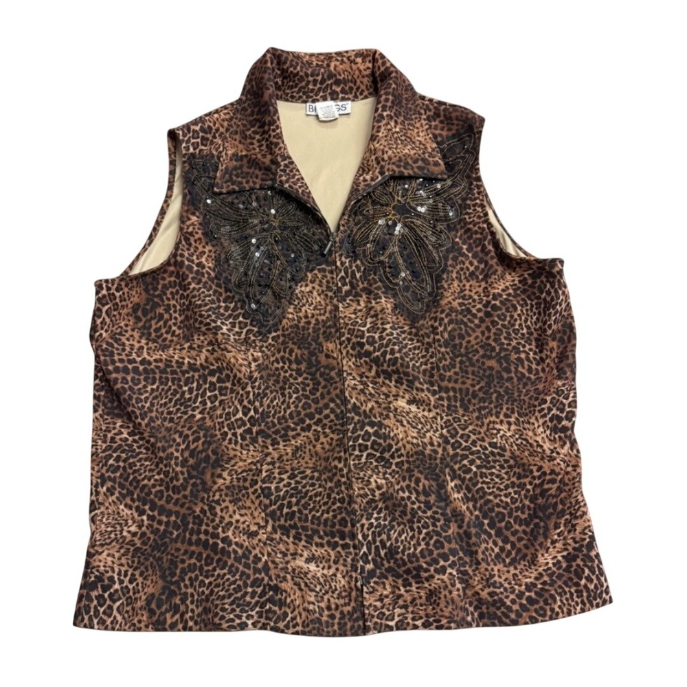 Vintage Briggs Y2K Vest Brown Leopard Print Sequin Butterfly Zip Up Size 18